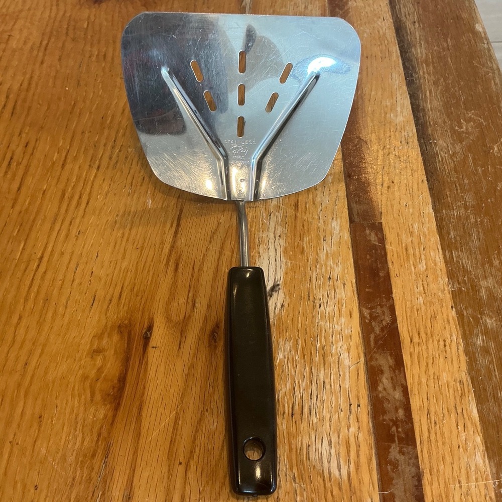 Vintage Foley Spatula Slotted Stainless Steel Wide Fish Turner 11" Black Handle